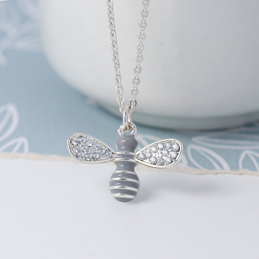 Silver plated enamel bee necklace with crystal wings