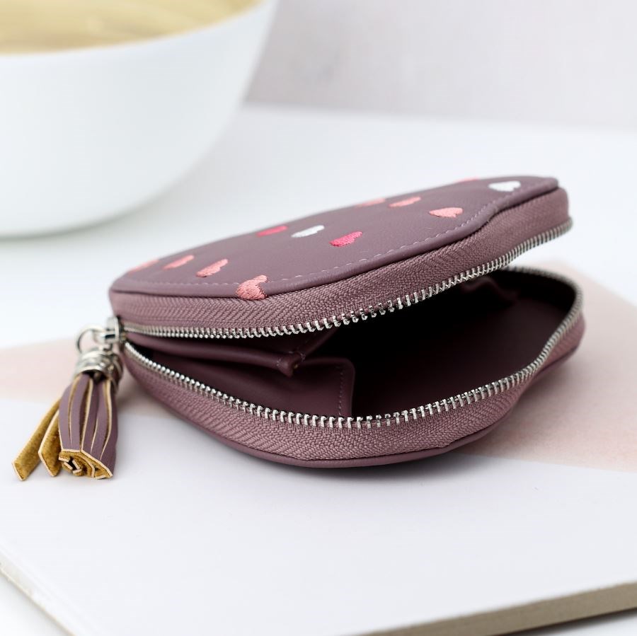 Mulberry heart shaped purse with embroidery and tassel