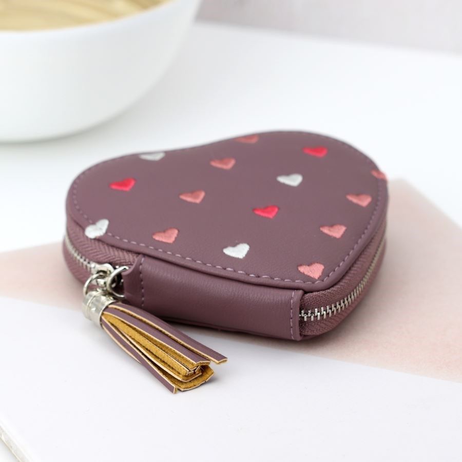 Mulberry heart shaped purse with embroidery and tassel
